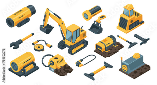 Isometric construction equipment set with excavator and bulldozer on white background