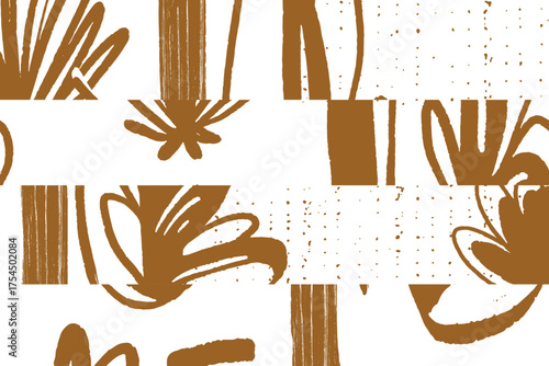 Contemporary Minimal leaves and shapes abstract pattern. Collage contemporary unique print. Boho Scandinavian silhouette brown modern 