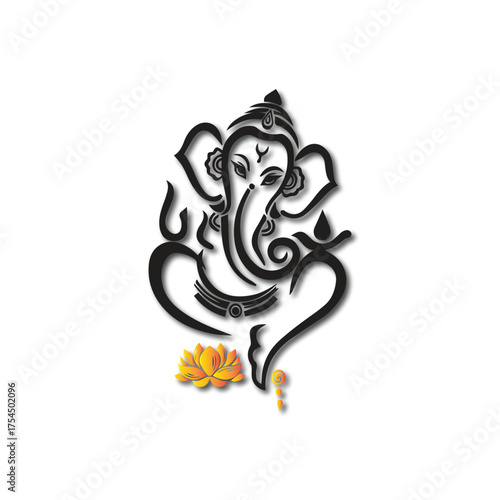 Lord Ganesha Silhouette Vector. Hindu God Ganpati with Lotus Flower Illustration.