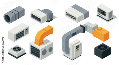 Isometric hvac elements air conditioning and ventilation equipment set