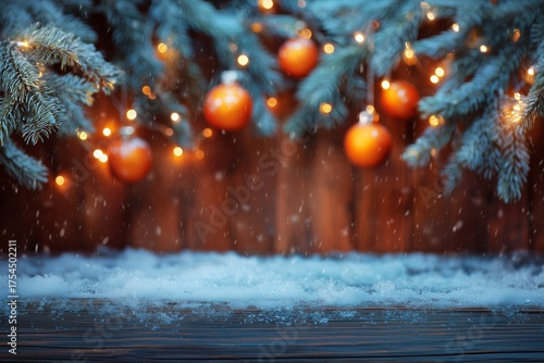 Snowy Christmas Background with Orange Baubles and Fir Branches