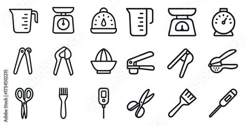Kitchen tools outline icons set – linear, kitchenware, cooking essentials