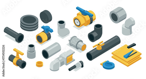 Industrial plumbing components in isometric view