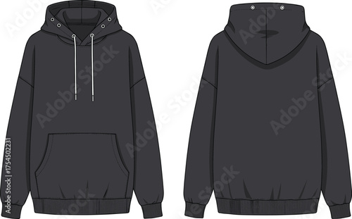 Black hooded sweatshirt front and back view vector illustration, fashion clothing template, casual hoodie design mockup, apparel garment graphic art