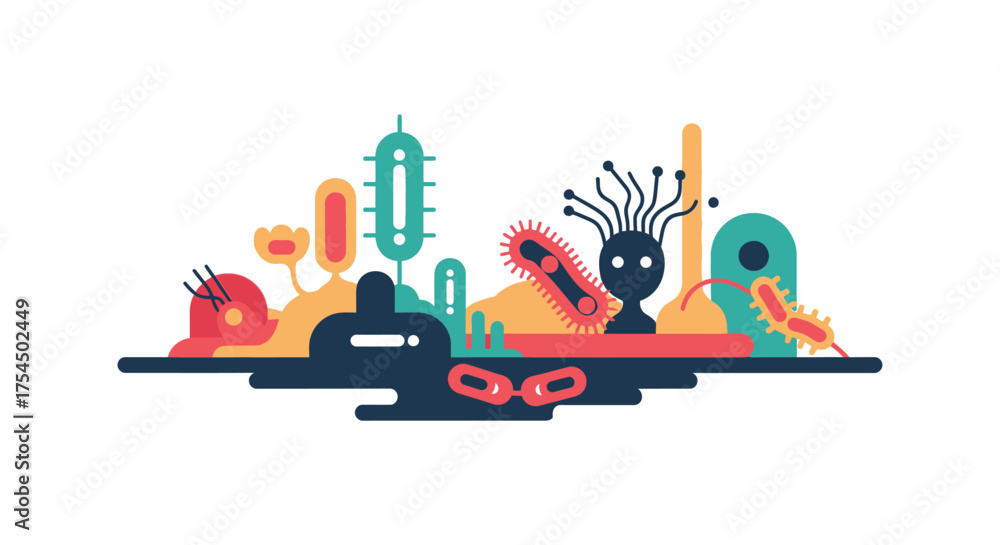 Obraz premium Colorful illustration of various microorganisms and bacteria in a row.