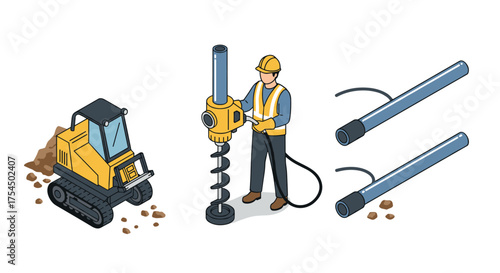 Construction equipment and worker using auger drill in isometric style