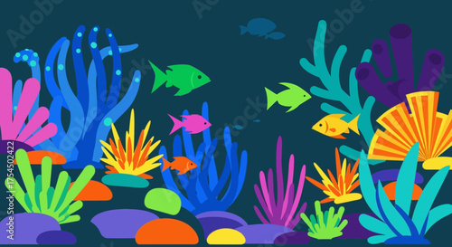 Colorful Coral Reef with Tropical Fish Swimming Underwater.