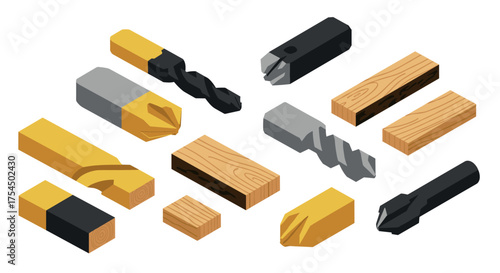Isometric drill bits and timber pieces for carpentry and woodworking projects