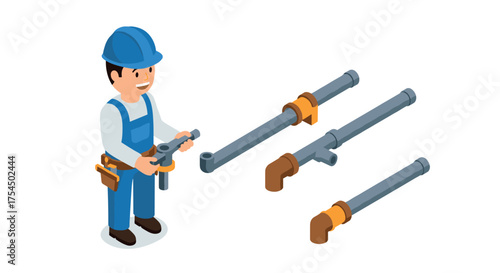 Isometric plumber assembling pipes in blue uniform and hard hat