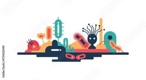 Colorful illustration of various microorganisms and bacteria in a row.