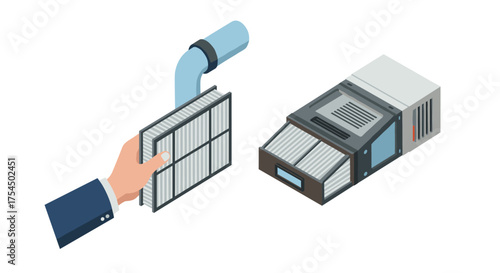 Isometric air filter installation with hvac system components and hand