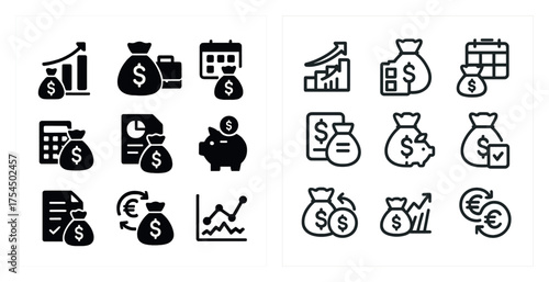 Finance and budget solid icons set – accounting, money management, savings symbols