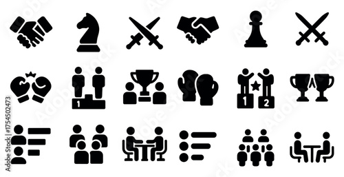 Business and strategy solid icons set – filled, corporate, management symbols