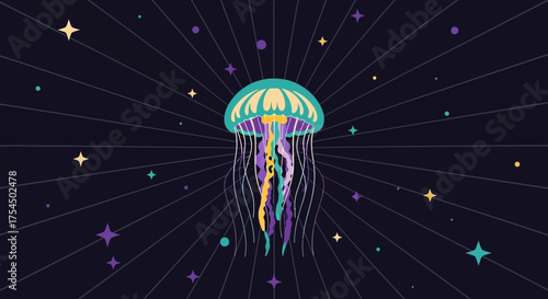 Colorful Jellyfish Illustration with Intricate Tentacles and Vibrant Hues.