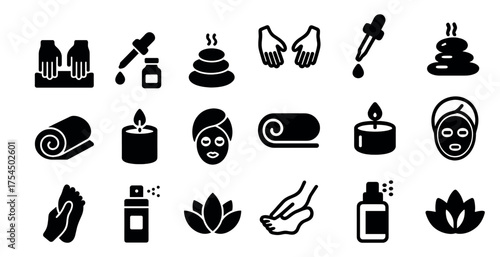 Spa and wellness solid icons set – filled, silhouette, massage and relaxation symbols