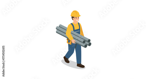 Construction worker carrying pipes in an isometric style