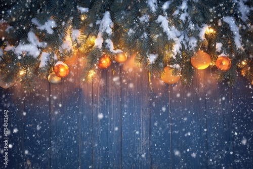 Snowy Christmas Background with Orange Baubles and Fir Branches