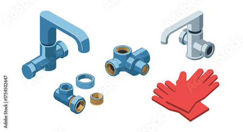 Isometric plumbing tools and red gloves pipes, faucets, fittings, and accessories