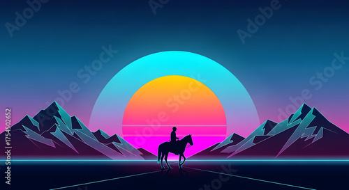 Silhouette of a horse rider at sunset with mountains in the background