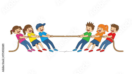 Children Tug-of-War:  Illustrative image of children engaged in a spirited game of tug-of-war, epitomizing teamwork, effort and youthful exuberance.