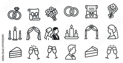 Wedding and celebration outline icons set – linear, ceremonial, event symbols