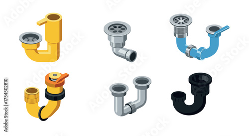 Collection of isometric plumbing pipe connectors on white background