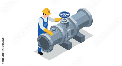 Isometric worker adjusting industrial pipeline valve in safety gear