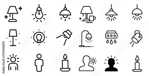 Lighting and lamp outline icons set – illumination, fixtures, home decor symbols