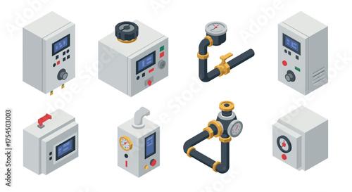 Isometric industrial control panels and pipe systems with gauges