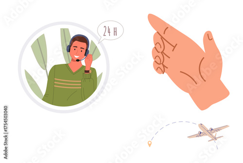 Customer support agent with headset and 24H chat bubble, pointing hand gesture, airplane with location pin and path. Ideal for travel, logistics, assistance, service, customer care, navigation time