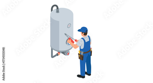 Plumber repairing water heater in isometric style for home maintenance