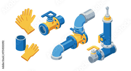 Isometric plumbing equipment with gloves and valves
