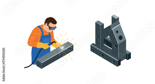 Isometric welding worker and metal clamp on white background