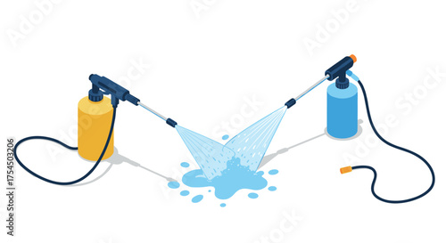 Isometric pressure washers cleaning water splash concept