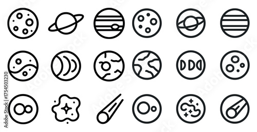 Space and astronomy line icons set – outline, cosmos, celestial symbols