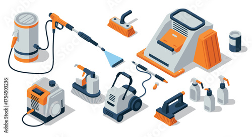 Isometric cleaning equipment set with vacuum, sprayer, and brushes in modern style