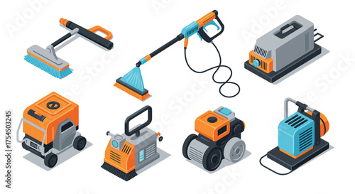 Isometric cleaning equipment collection modern vacuum, pressure washer, floor scrubber