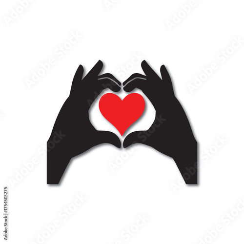 Minimalist Silhouette of Hands Forming a Heart Shape with Red Center