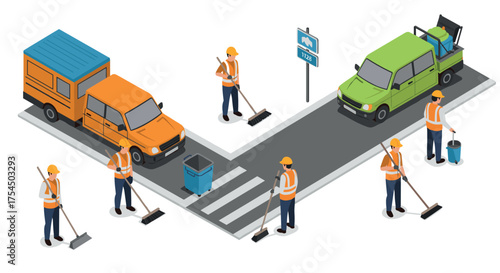 Isometric street cleaning team working with equipment and vehicles in urban scene