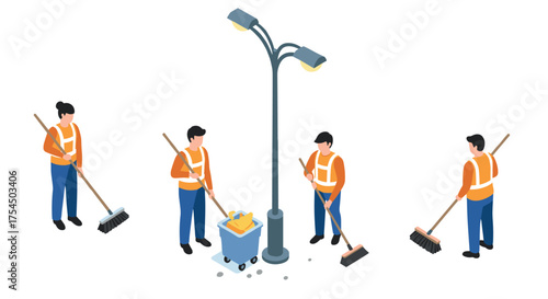 Isometric street cleaning team working under lamppost