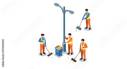 Isometric city workers sweeping streets with brooms and trash cans