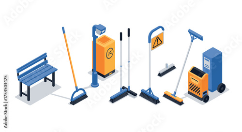 Isometric urban cleaning tools set for modern cities