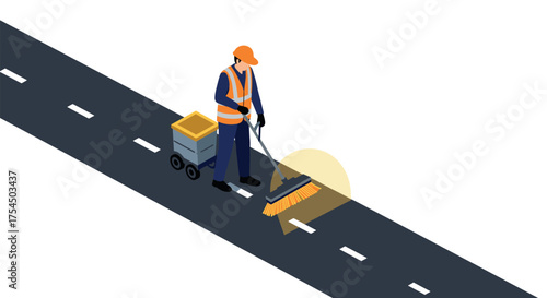Isometric road worker sweeping street with equipment