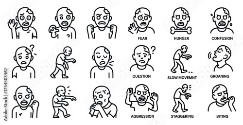 Zombie and horror line icons set – silhouette, outline, fear and survival symbols