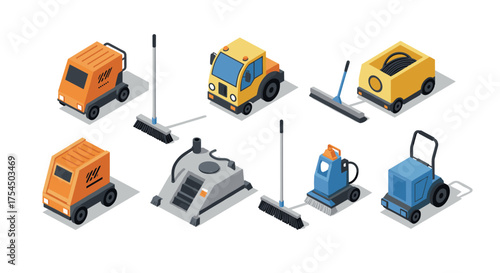 Isometric cleaning vehicles and equipment set for urban maintenance and sanitation