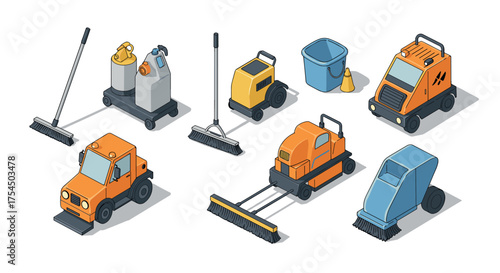 Isometric cleaning equipment set with vehicles and tools in modern design