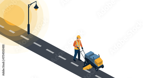 Isometric street cleaner operating road sweeper machine on urban asphalt pavement