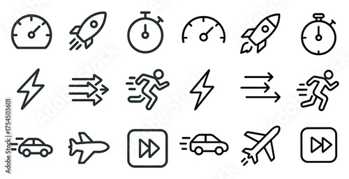 Speed and performance icons set – outline, linear, fast and quick symbols