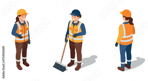 Isometric construction worker with broom in safety gear on white background