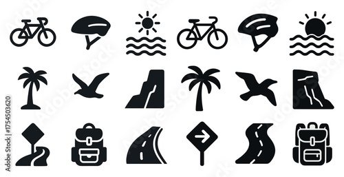 Outdoor adventure filled icons set – solid, hiking and cycling symbols for exploration